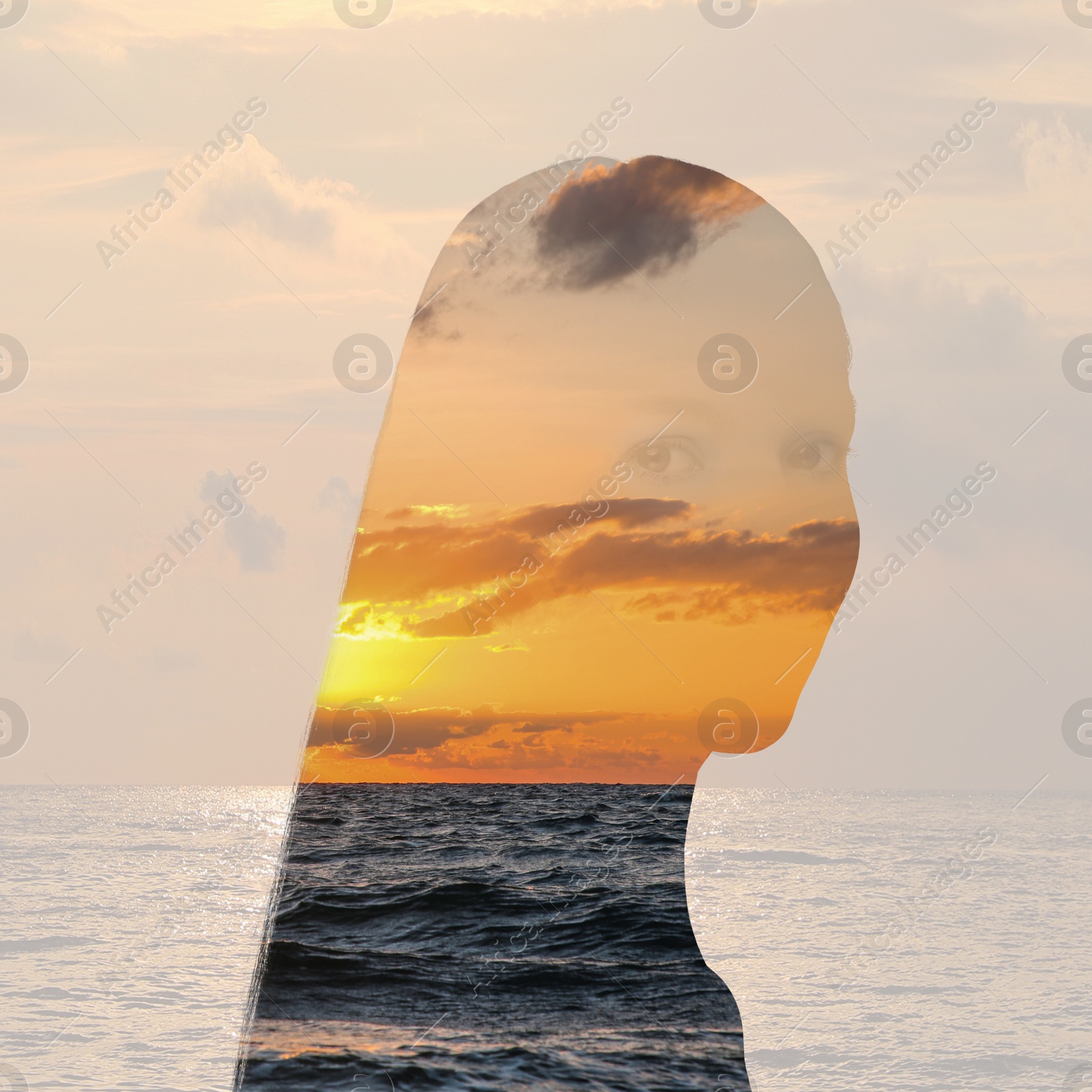 Image of Silhouette of woman and beautiful seascape at sunset, double exposure