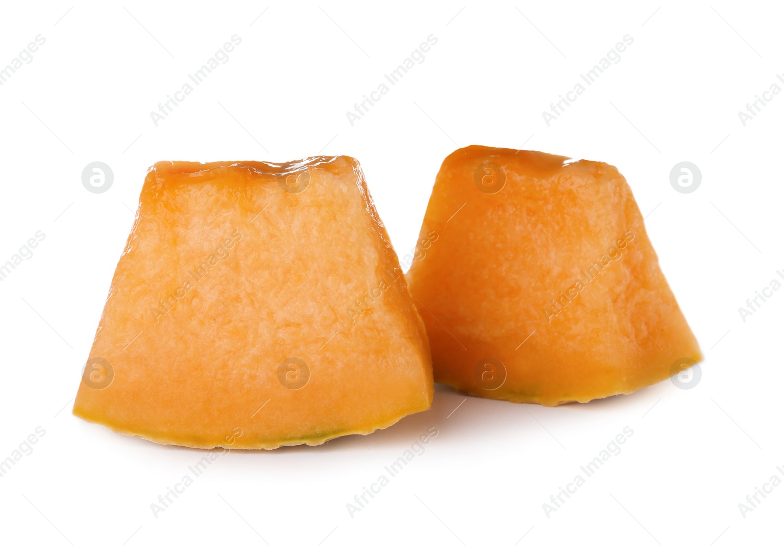 Photo of Pieces of tasty ripe melon on white background