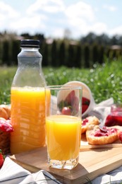 Photo of Fresh juice and different products on blanket outdoors. Summer picnic