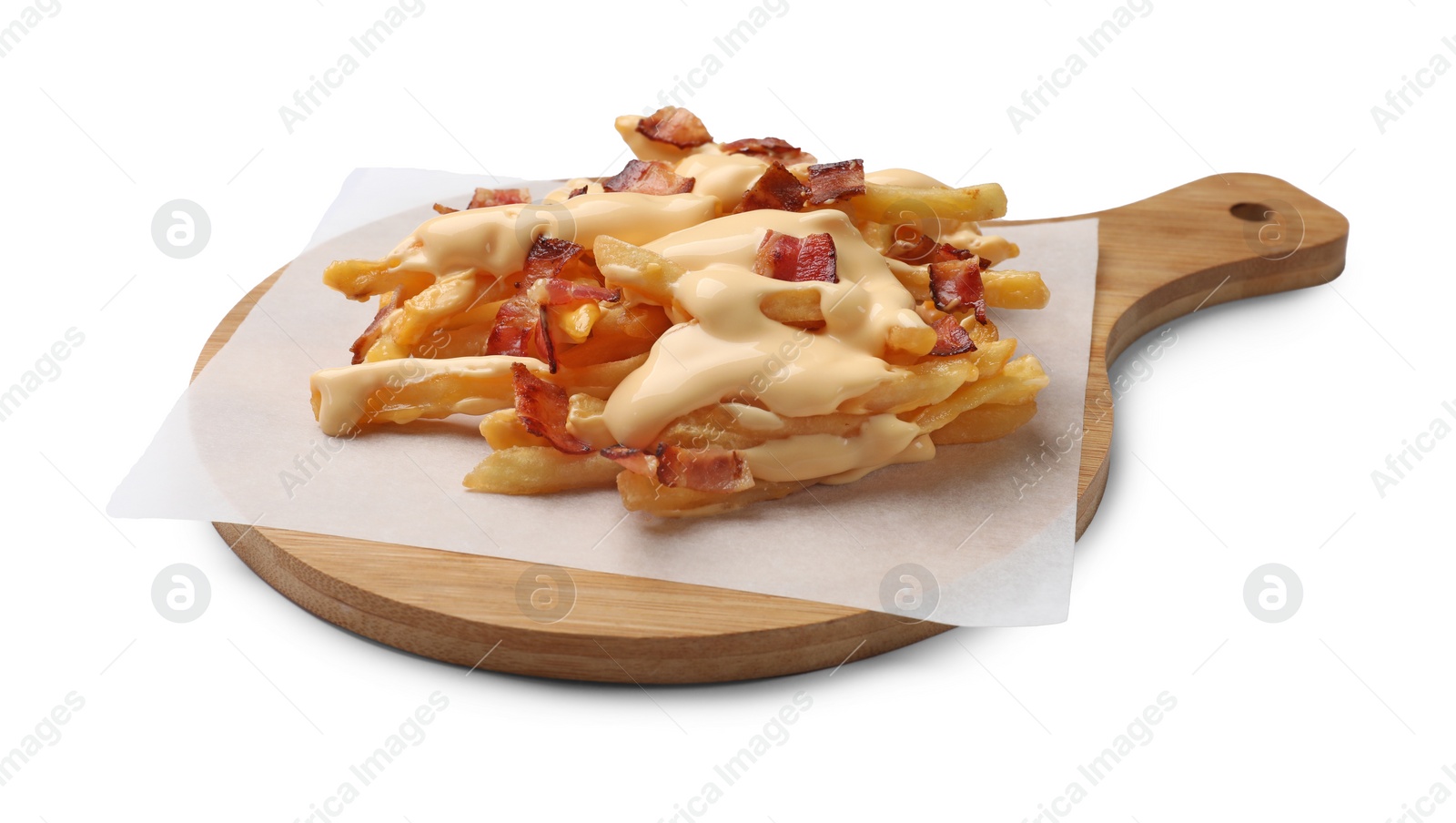 Photo of Delicious French fries with bacon and cheese sauce isolated on white