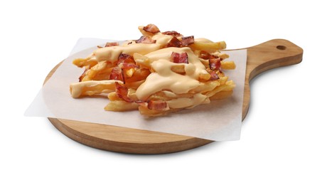 Photo of Delicious French fries with bacon and cheese sauce isolated on white