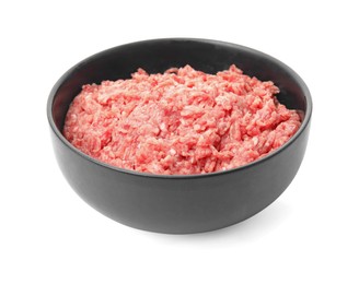 Photo of Fresh minced meat in bowl on white background