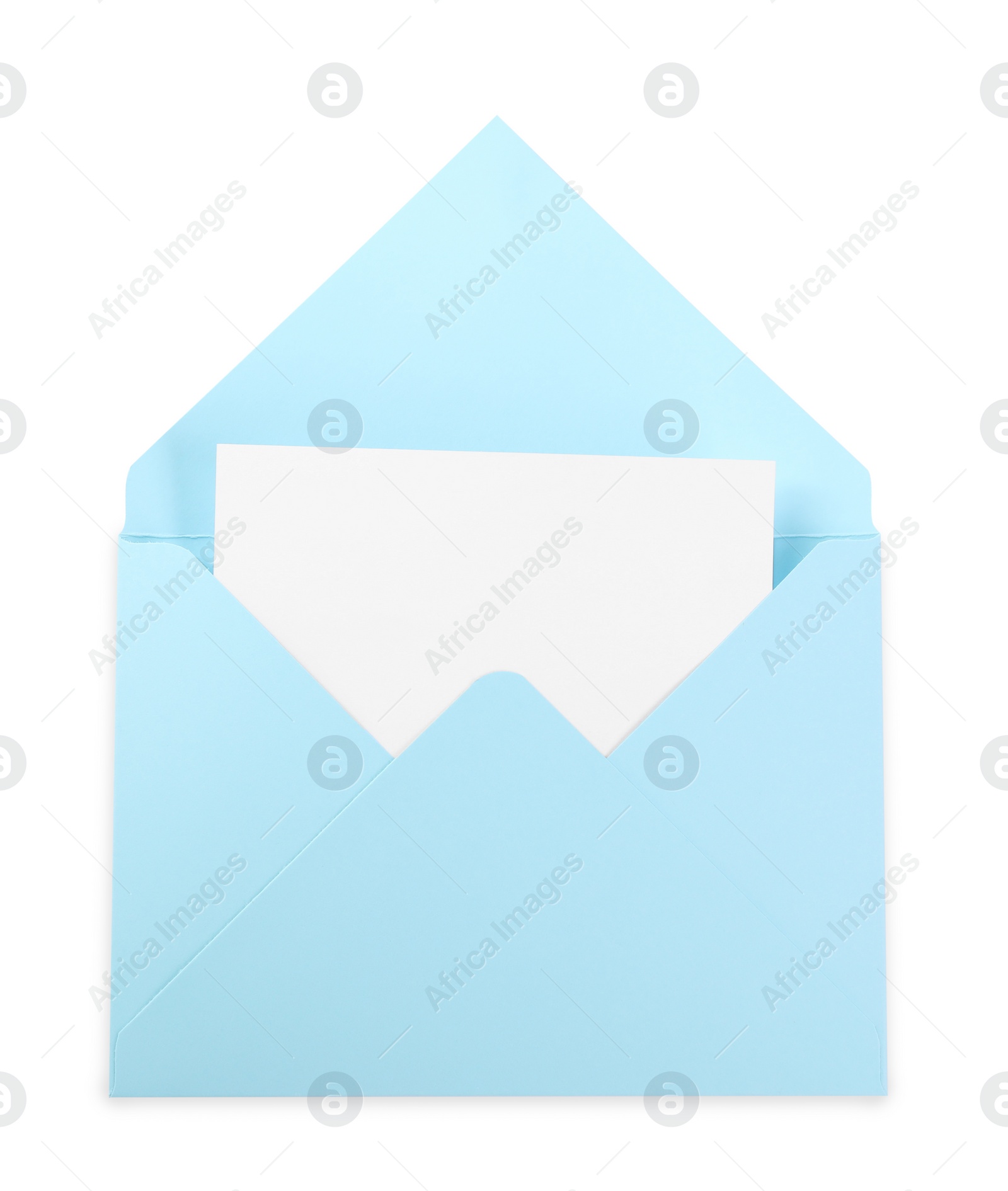 Photo of Light blue letter envelope with card isolated on white, top view