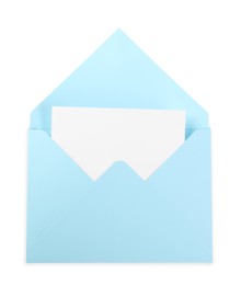 Photo of Light blue letter envelope with card isolated on white, top view