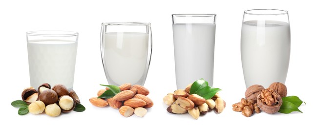 Image of Set with different types of vegan milk and nuts on white background. Banner design