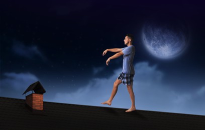 Image of Sleepwalker wearing pajamas on roof in night