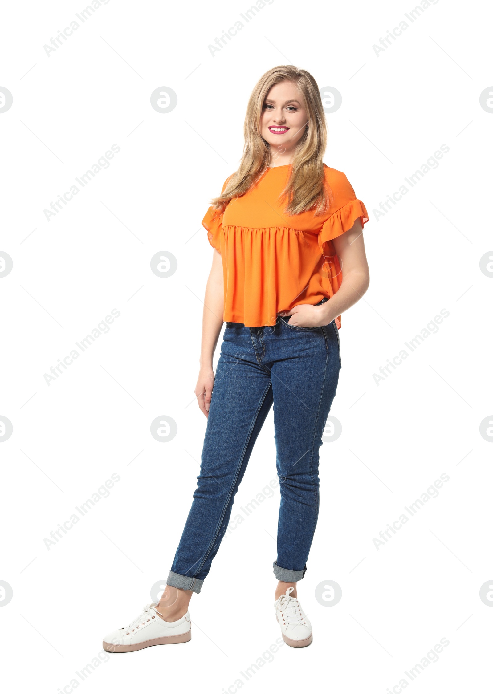 Photo of Attractive young woman in stylish outfit on white background