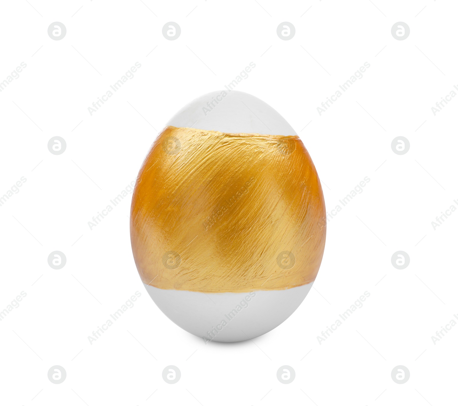 Photo of Traditional Easter egg decorated with golden paint on white background