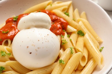 Delicious pasta with burrata cheese, sauce and herb in bowl, closeup