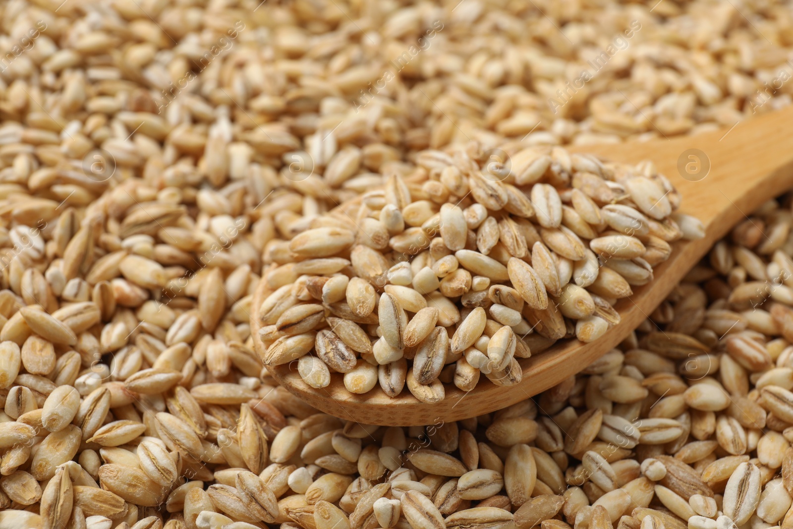 Photo of Wooden spoon with raw pearl barley, closeup