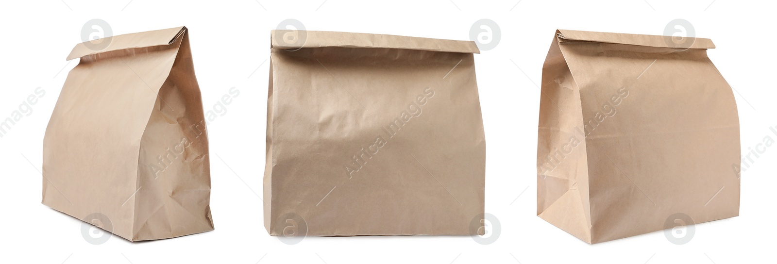 Image of Set with paper bags on white background. Banner design