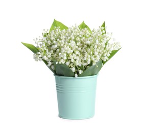 Bucket with beautiful lily of the valley flowers isolated on white