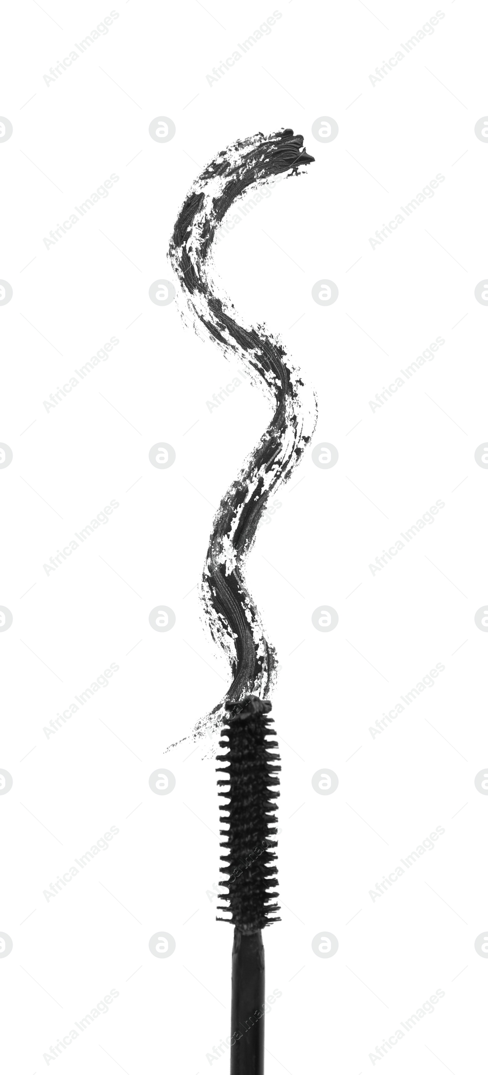 Photo of Applicator and black mascara smear on white background, top view