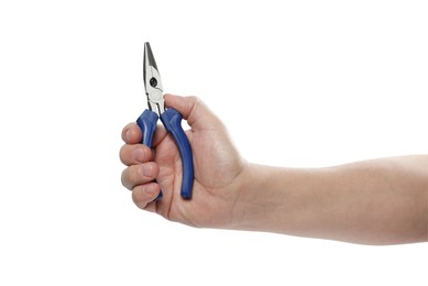 Photo of Man with needle nose pliers on white background, closeup