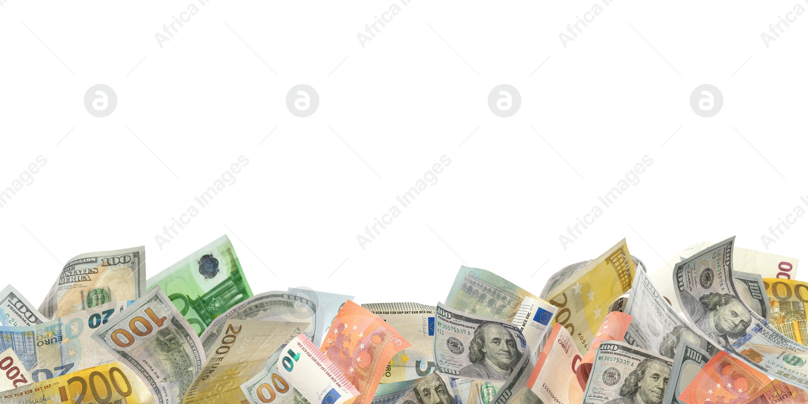 Image of Set of money on white background, banner design. Currency exchange