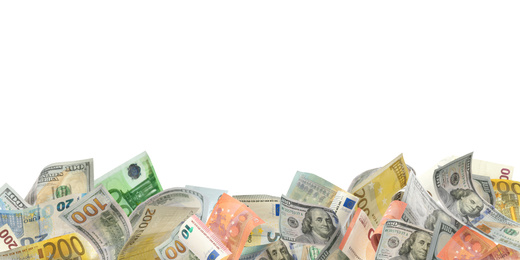 Image of Set of money on white background, banner design. Currency exchange