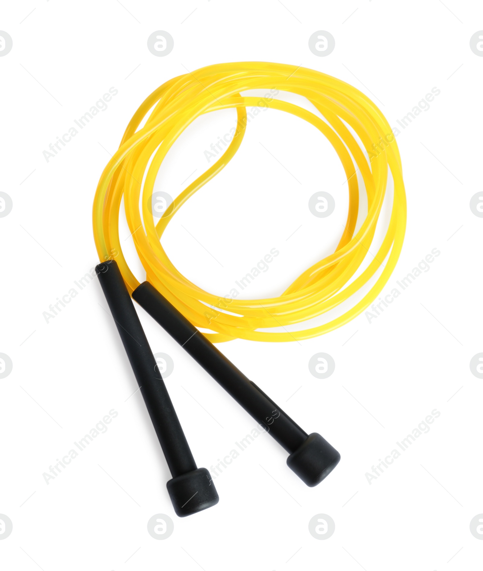 Photo of Yellow skipping rope with black handles isolated on white, top view