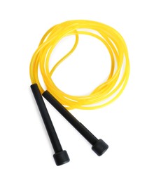 Photo of Yellow skipping rope with black handles isolated on white, top view