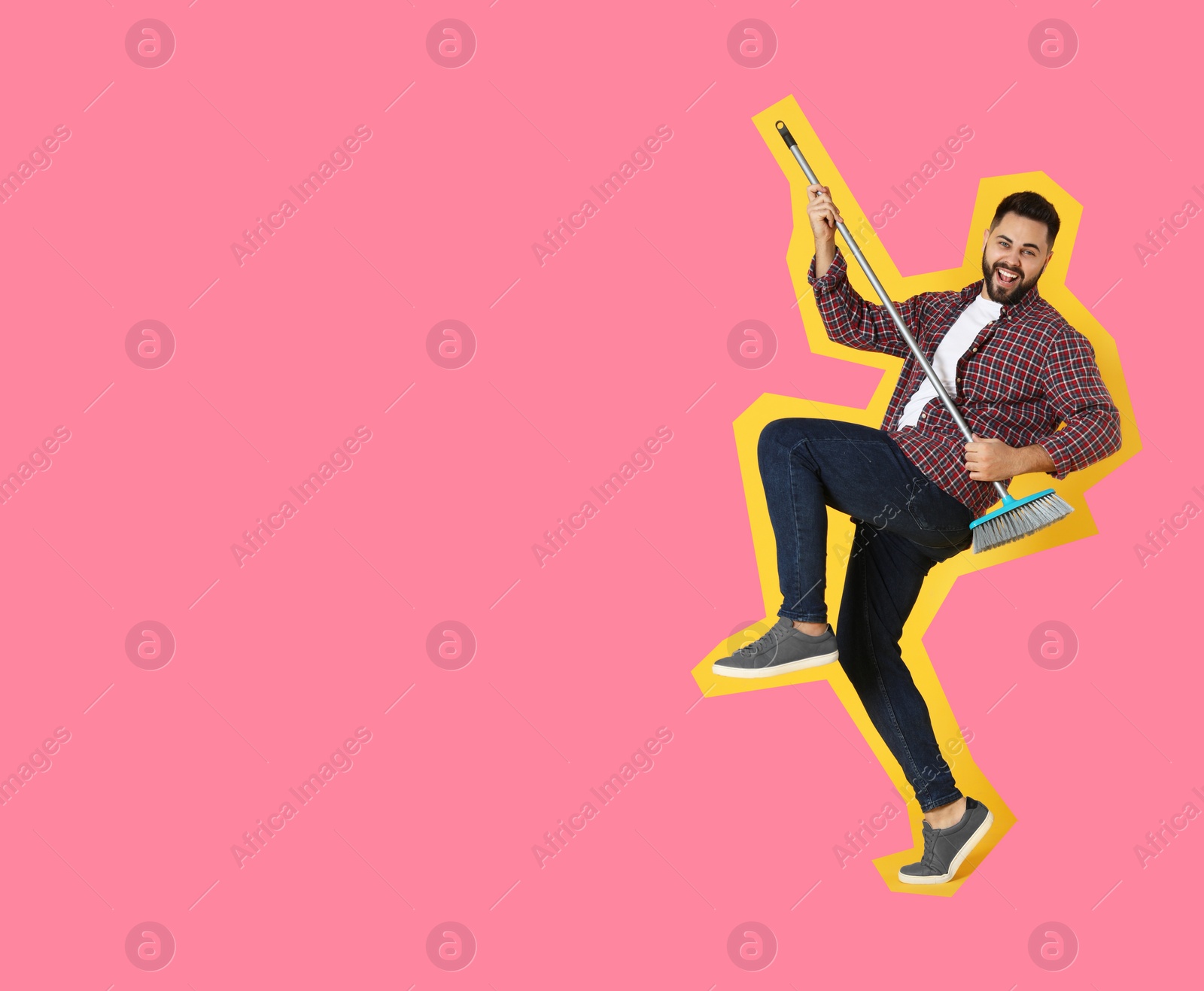 Image of Pop art poster. Young man with broom having fun on pink background. Space for text