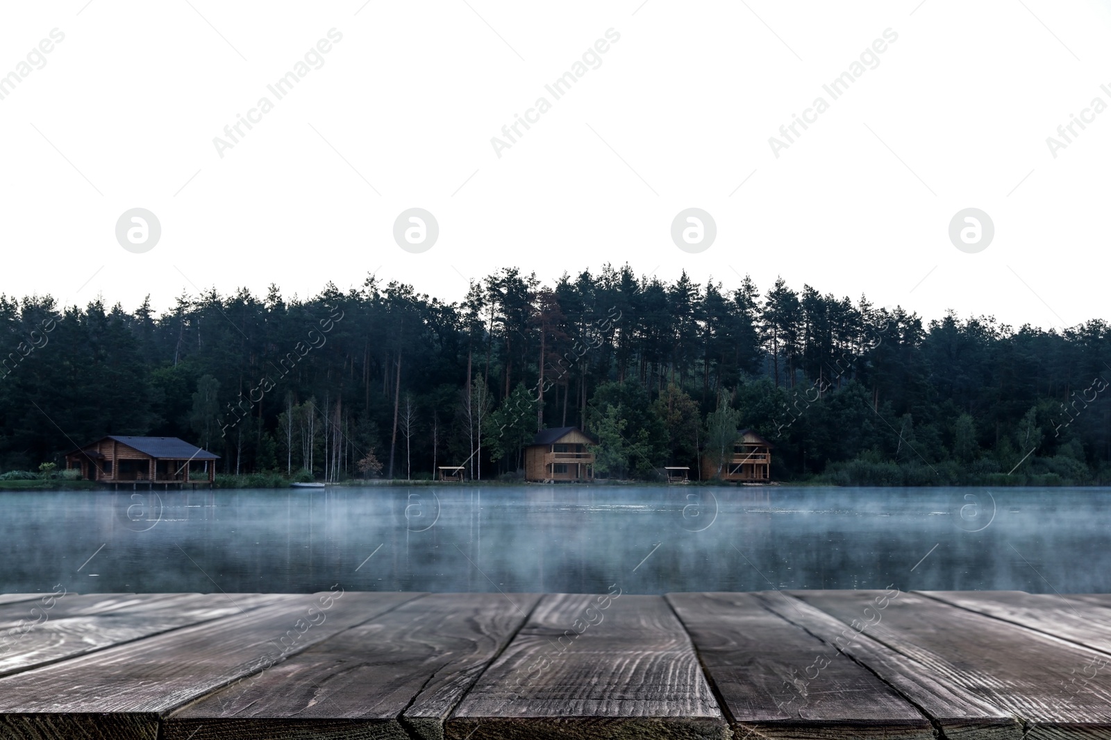 Image of Beautiful view of forest and wooden pier near river 