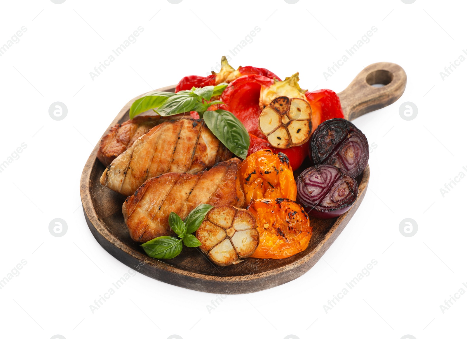 Photo of Board with tasty grilled vegetables, meat and basil isolated on white