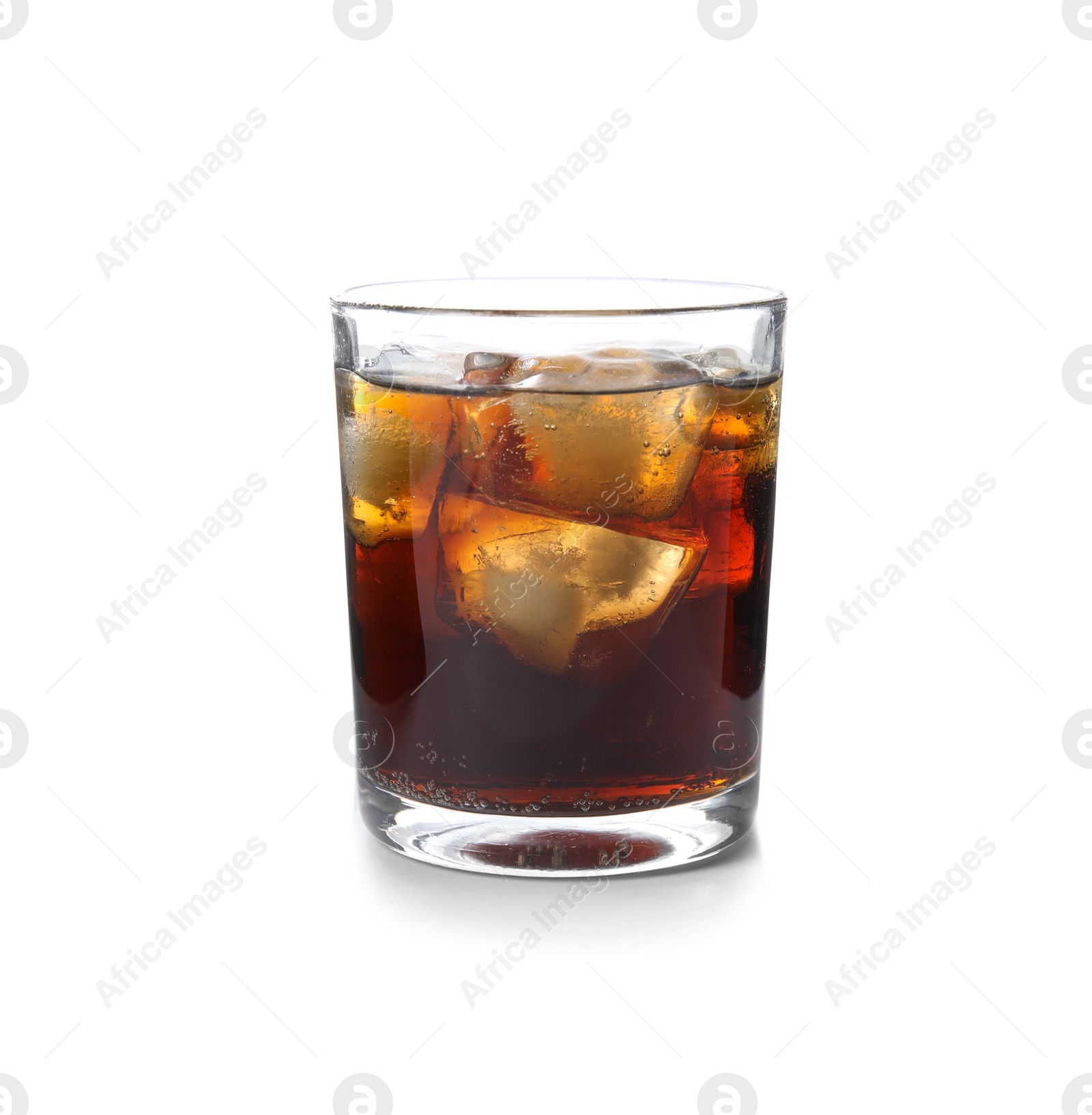 Photo of Glass of refreshing cola with ice on white background