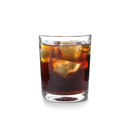 Photo of Glass of refreshing cola with ice on white background