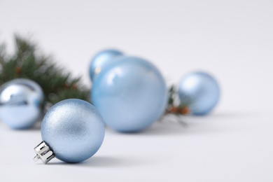 Photo of Beautiful Christmas ball on blurred background. Space for text