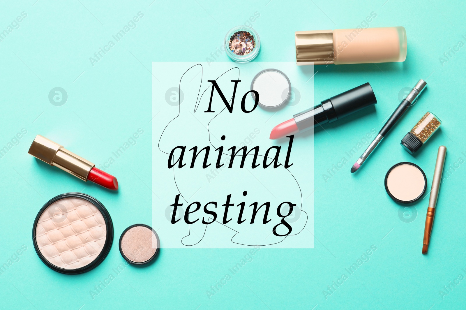 Image of Cosmetic products and text NO ANIMAL TESTING on light blue background, flat lay