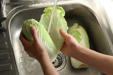 Photo of Woman washing fresh Chinese cabbages in sink, closeup