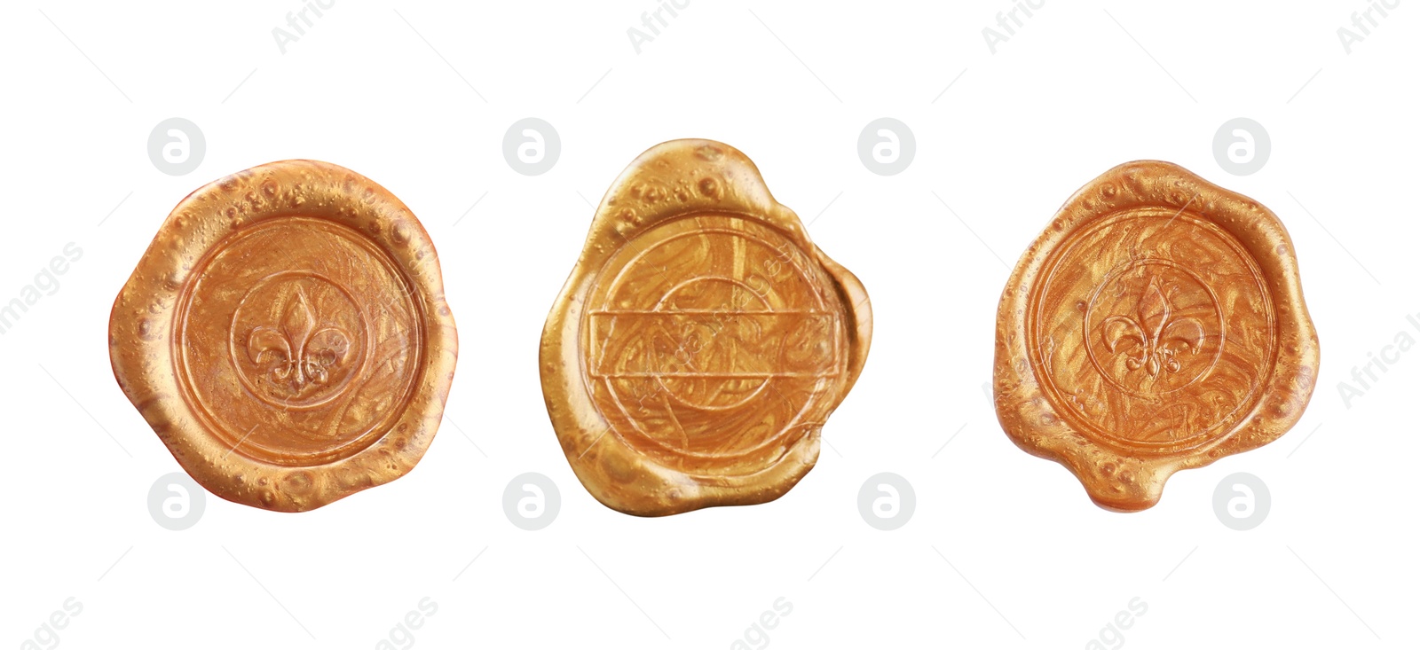 Image of Set with golden wax seals on white background, top view. Banner design 