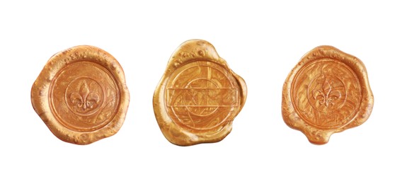 Image of Set with golden wax seals on white background, top view. Banner design 