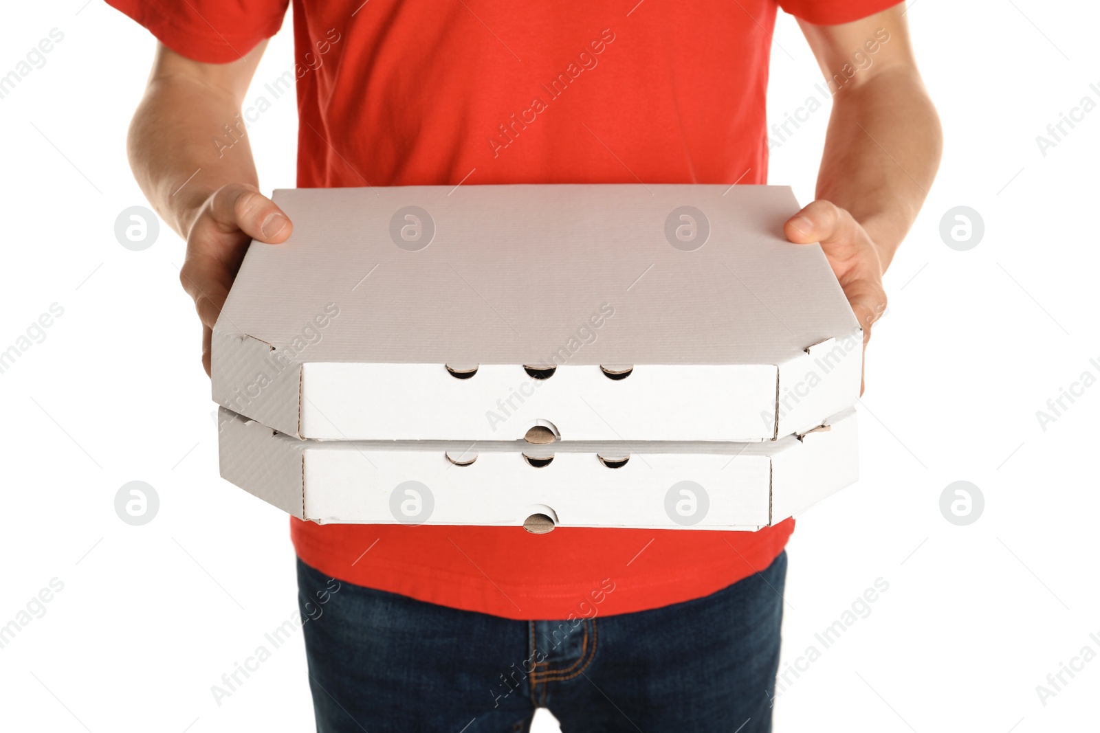 Photo of Young man with pizza boxes on white background. Food delivery service