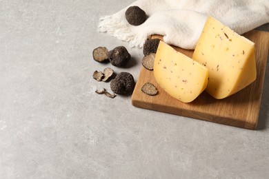 Delicious cheese and fresh black truffles on grey table. Space for text