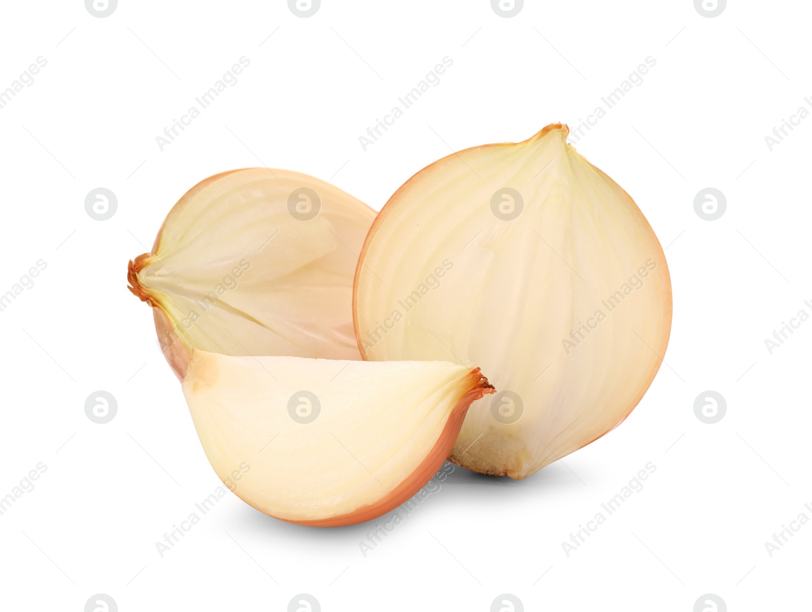 Photo of Pieces of fresh onion on white background