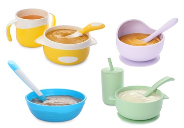 Image of Set with healthy baby food in different dishes on white background
