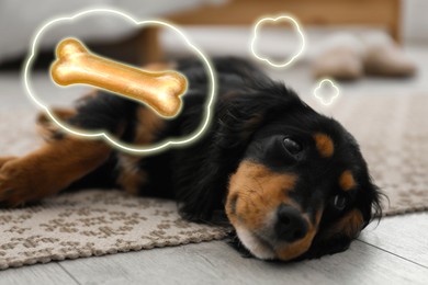 Cute dog dreaming about tasty treat on floor indoors. Neon thought cloud with chew bone