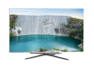 Modern wide screen TV monitor showing beautiful landscape, isolated on white