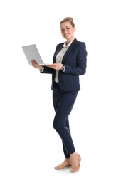 Full length portrait of young businesswoman with laptop isolated on white