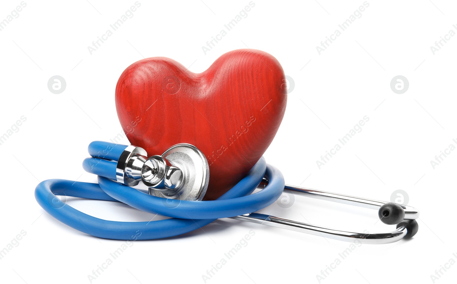 Photo of Red heart and stethoscope on white background. Cardiology concept