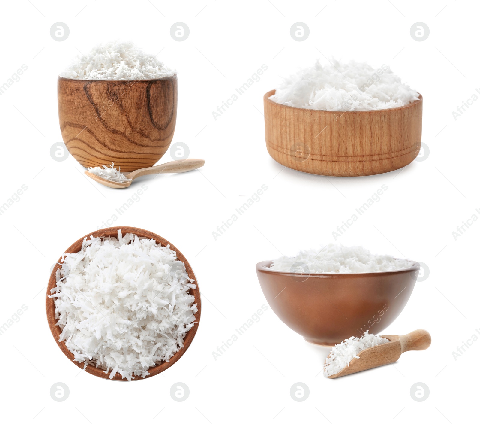 Image of Set with fresh coconut flakes in bowls isolated on white