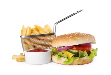 Delicious burger, ketchup and french fries on white background