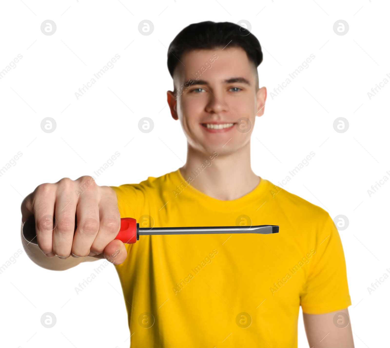 Photo of Handyman with screwdriver isolated on white, focus on hand