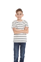 Portrait of little boy on white background