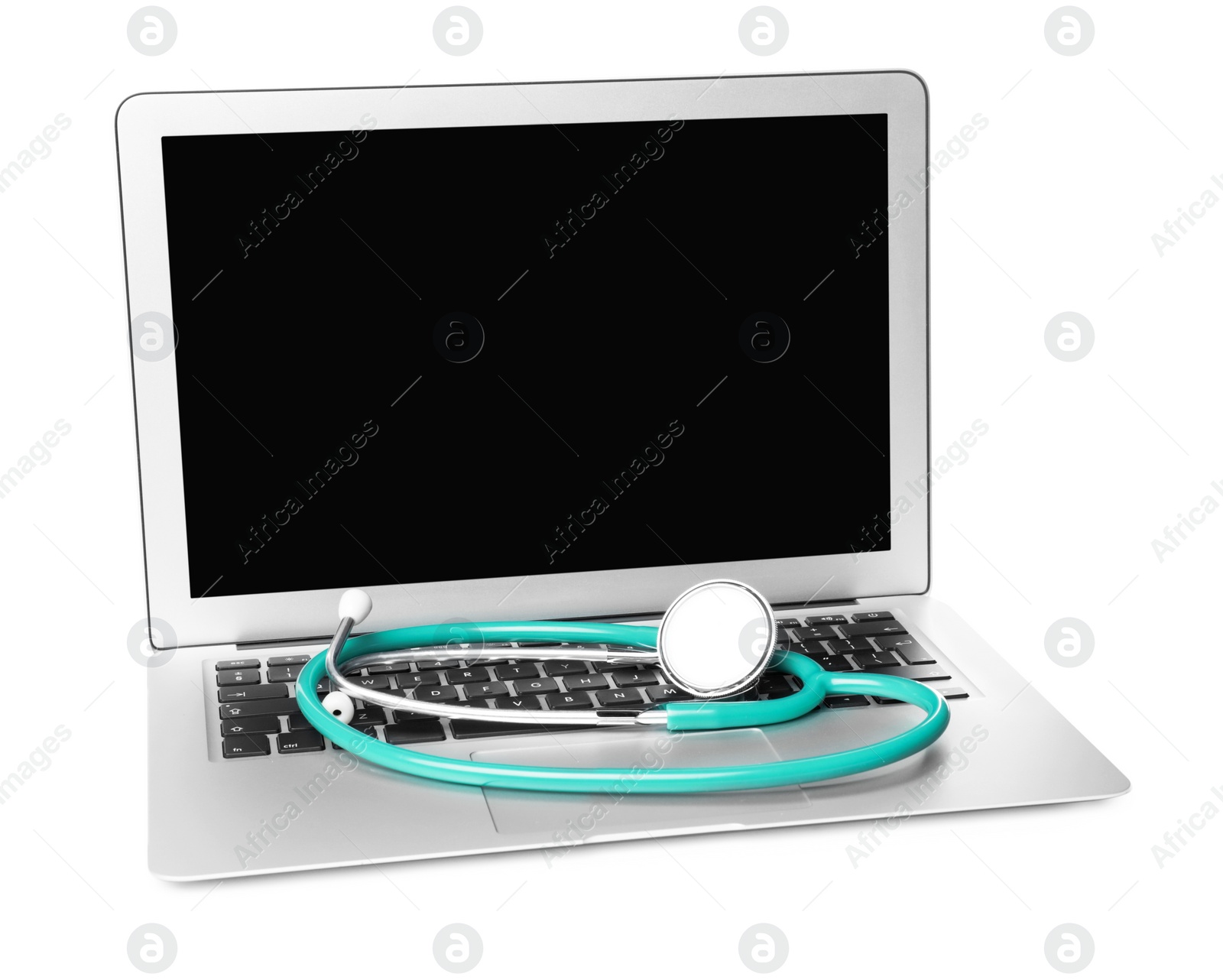 Photo of Laptop with blank screen and stethoscope on white background. Computer repair