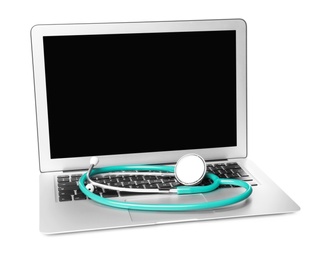 Photo of Laptop with blank screen and stethoscope on white background. Computer repair