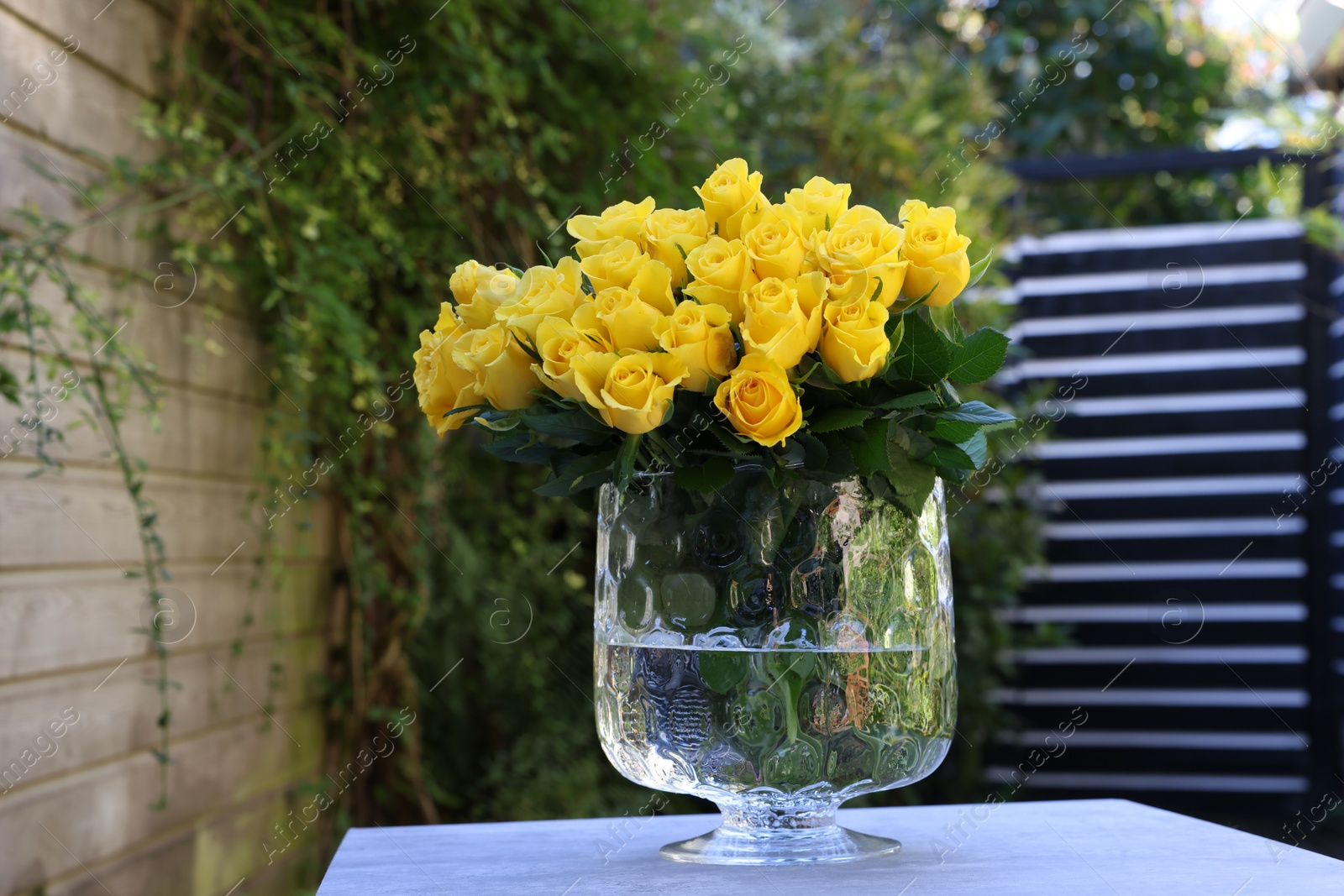 Photo of Beautiful bouquet of yellow roses in glass vase on light table outdoors