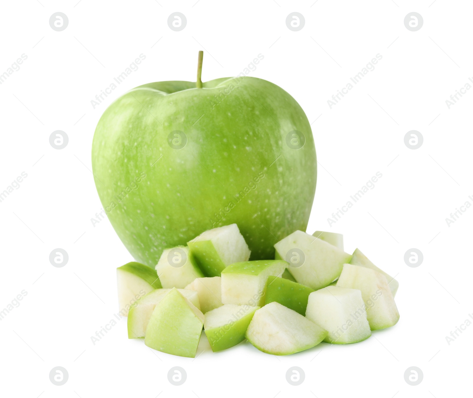 Photo of Whole and cut apples on white background