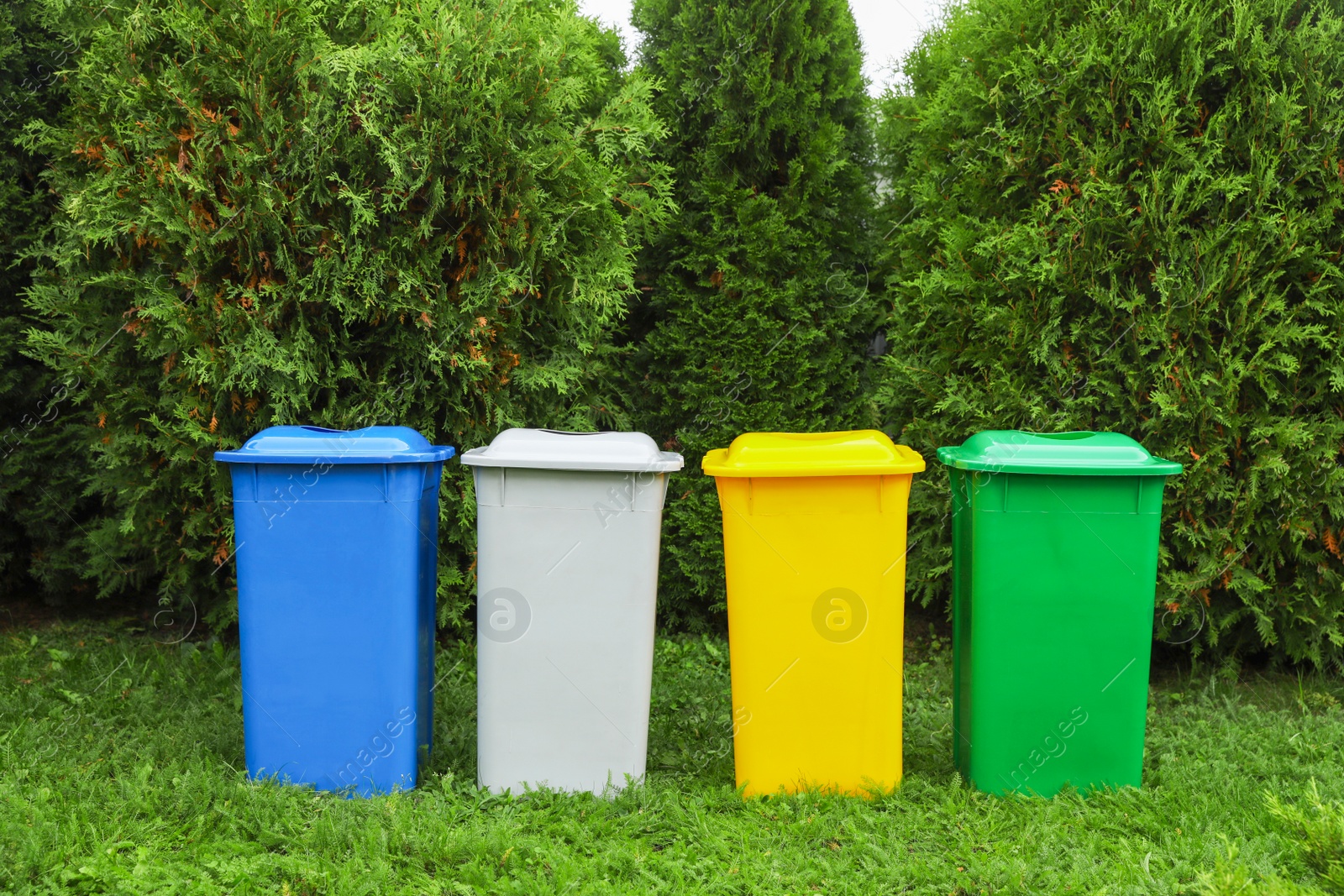 Photo of Many color recycling bins on green grass outdoors