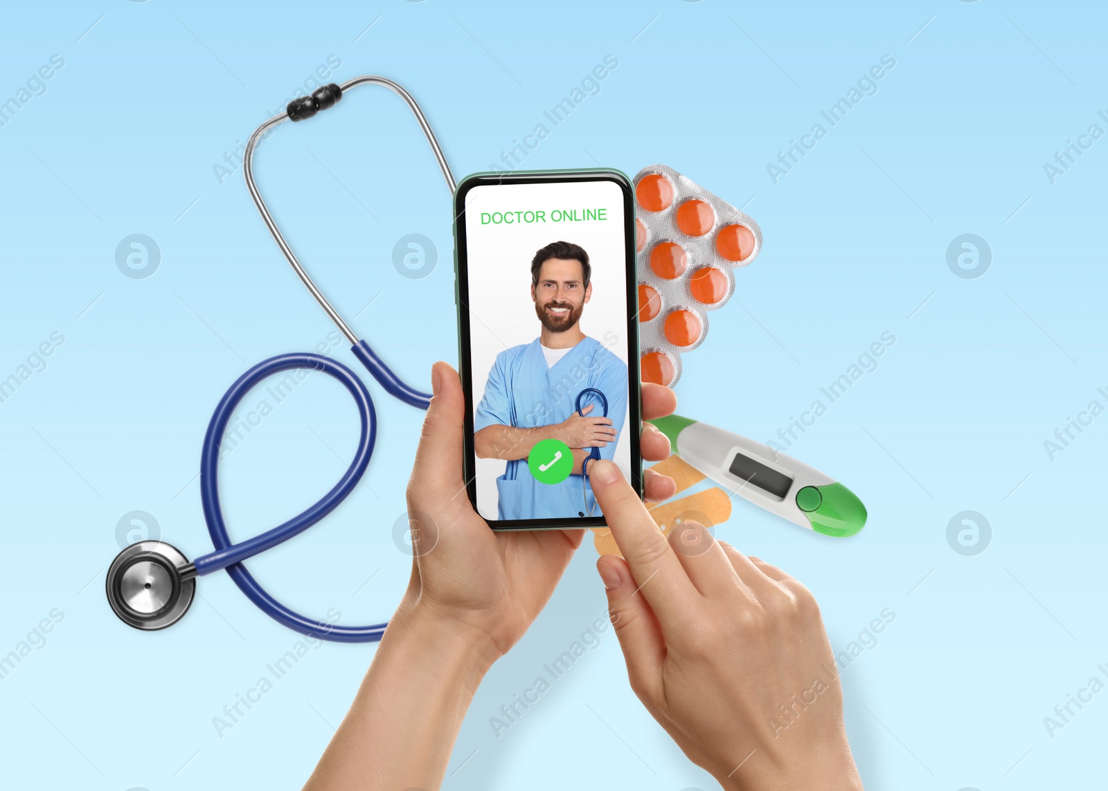 Image of Online medicine. Closeup view of woman having appointment with doctor via smartphone on light blue background